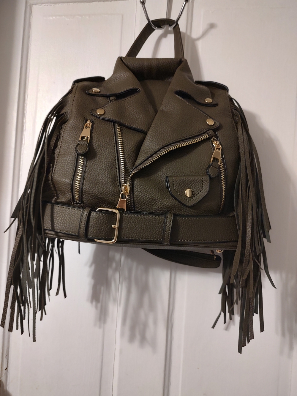 Fringed Faux Leather Biker Backpack - Olive